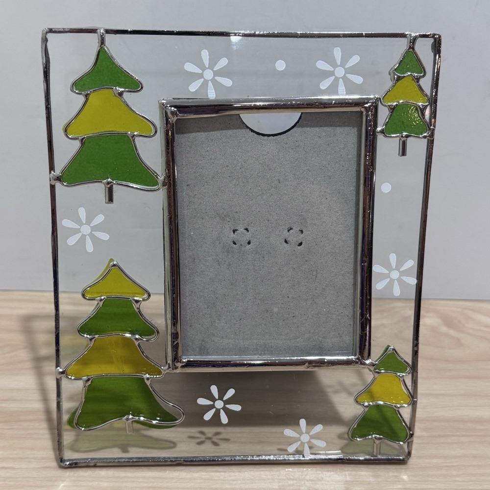 Vintage Stained Glass Christmas Tree & Snowflake 2.5 x 3.5 Photo Frame Holiday